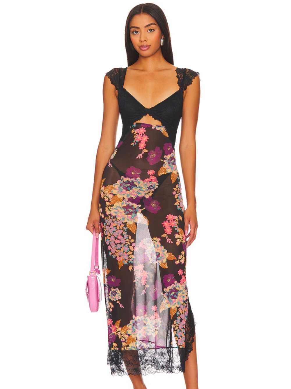 Free People Intimates Suddenly Fine Sheer Maxi Slip Dress in Black Combo